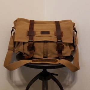 Canvas Crossbody Messenger Bag in Tan with Leather Trim